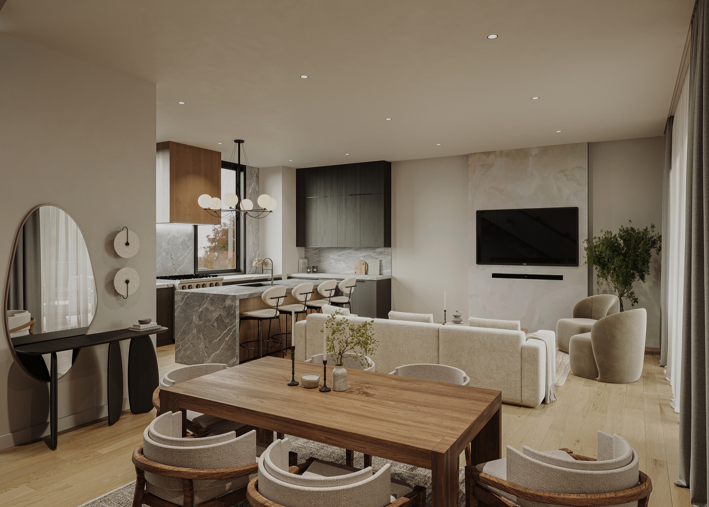 Shalom Park living, kitchen, and dining hero image